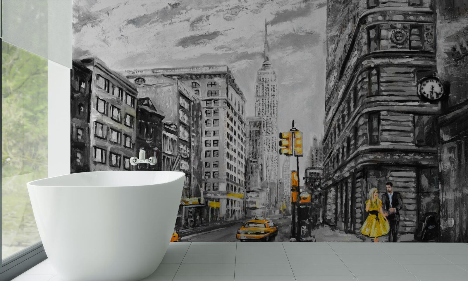 Papier peint Des taxis jaunes dans les rues grises de la ville