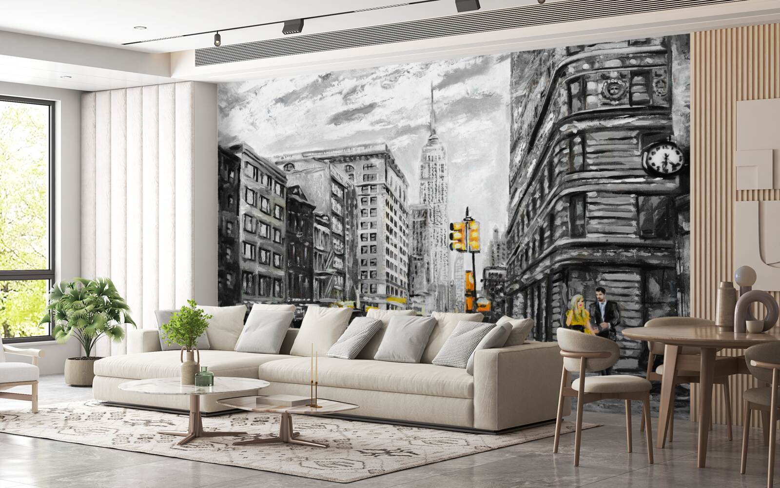 Papier peint Des taxis jaunes dans les rues grises de la ville