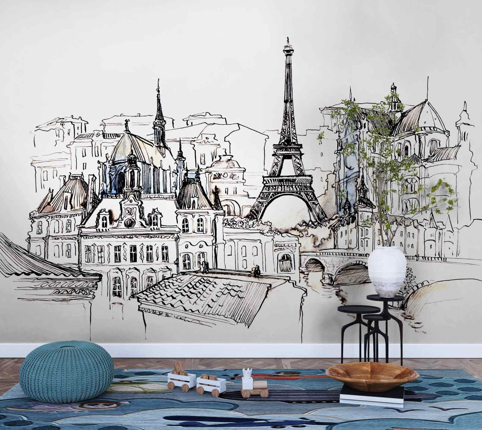 Papier peint sites importants de paris, représentés au crayon