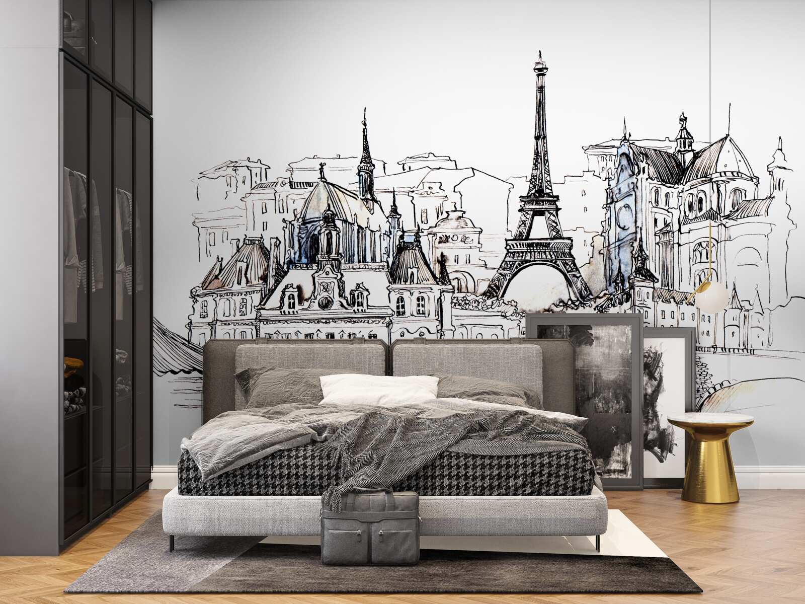 Papier peint sites importants de paris, représentés au crayon