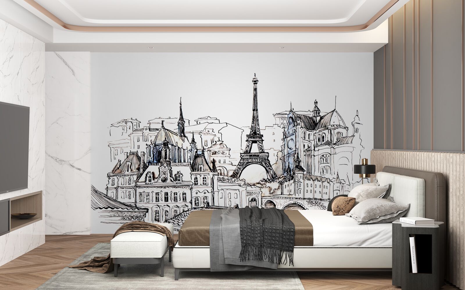 Papier peint sites importants de paris, représentés au crayon