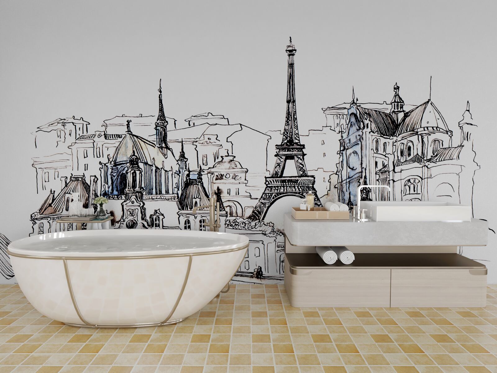 Papier peint sites importants de paris, représentés au crayon