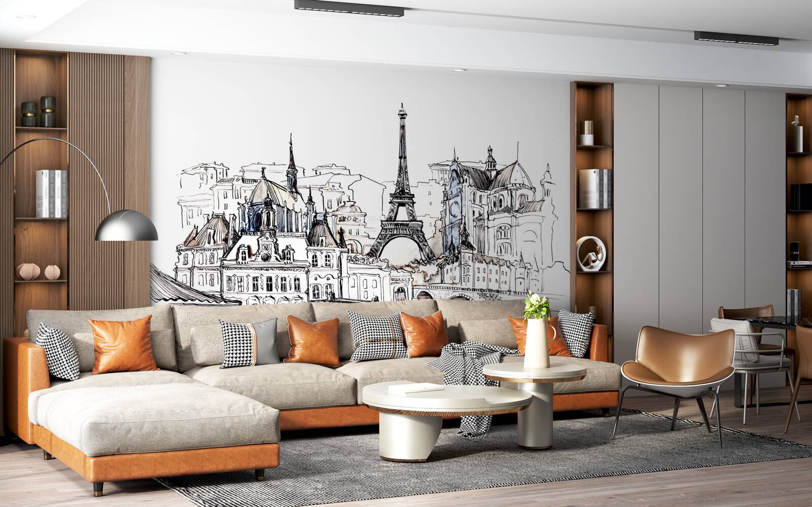 Papier peint sites importants de paris, représentés au crayon