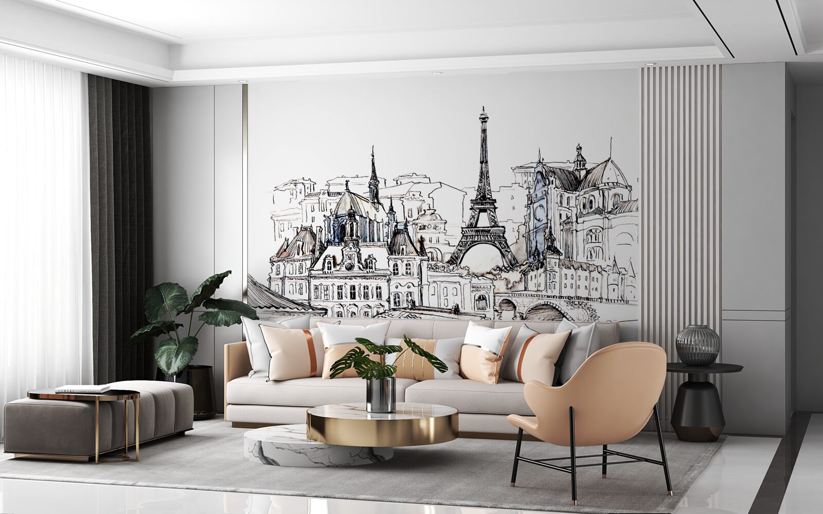 Papier peint sites importants de paris, représentés au crayon