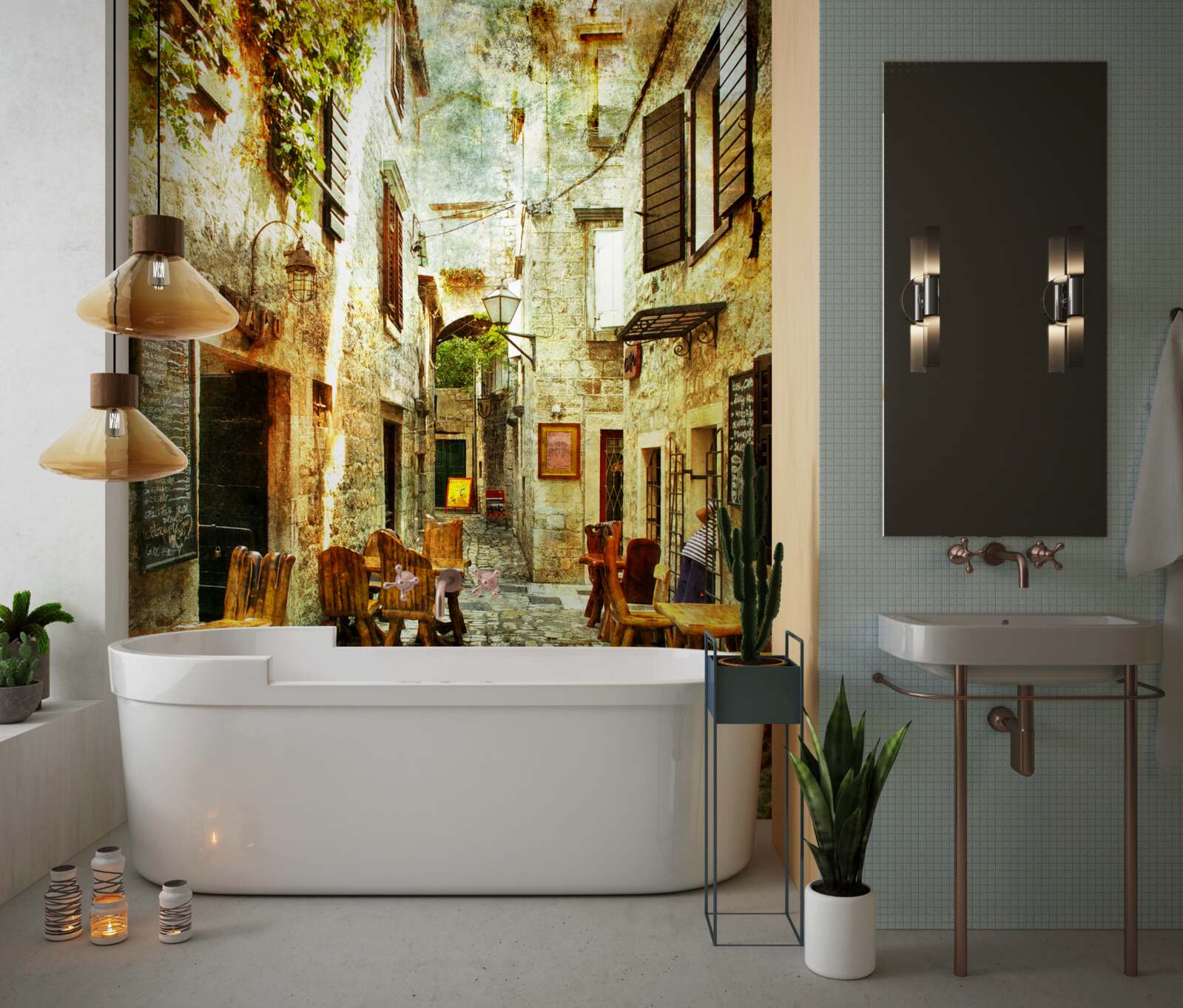 Papier peint café confortable et tranquille dans un quartier historique de la ville