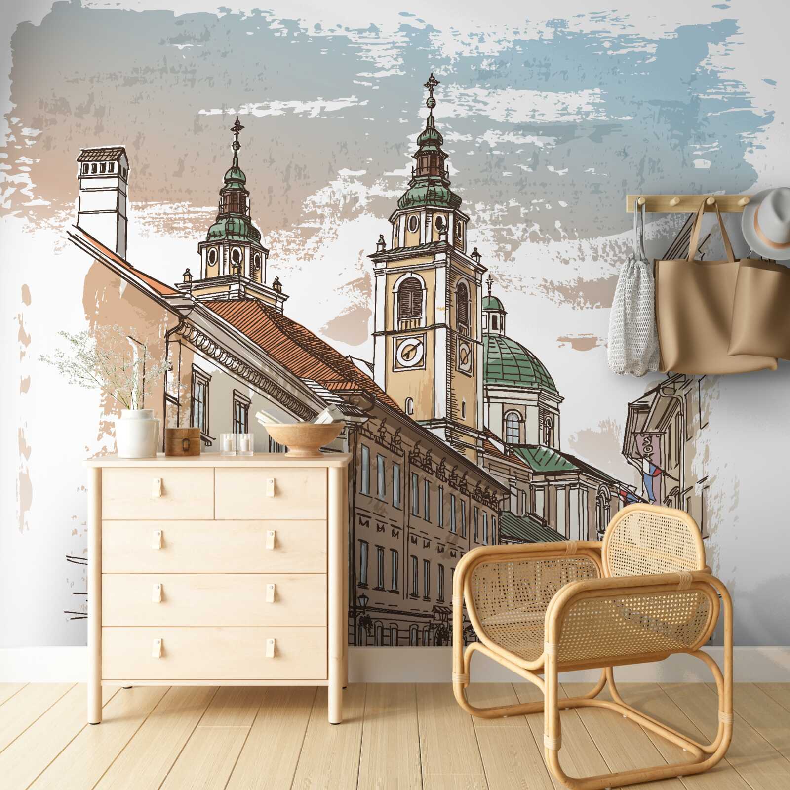 Papier peint ville antique représentée au crayon