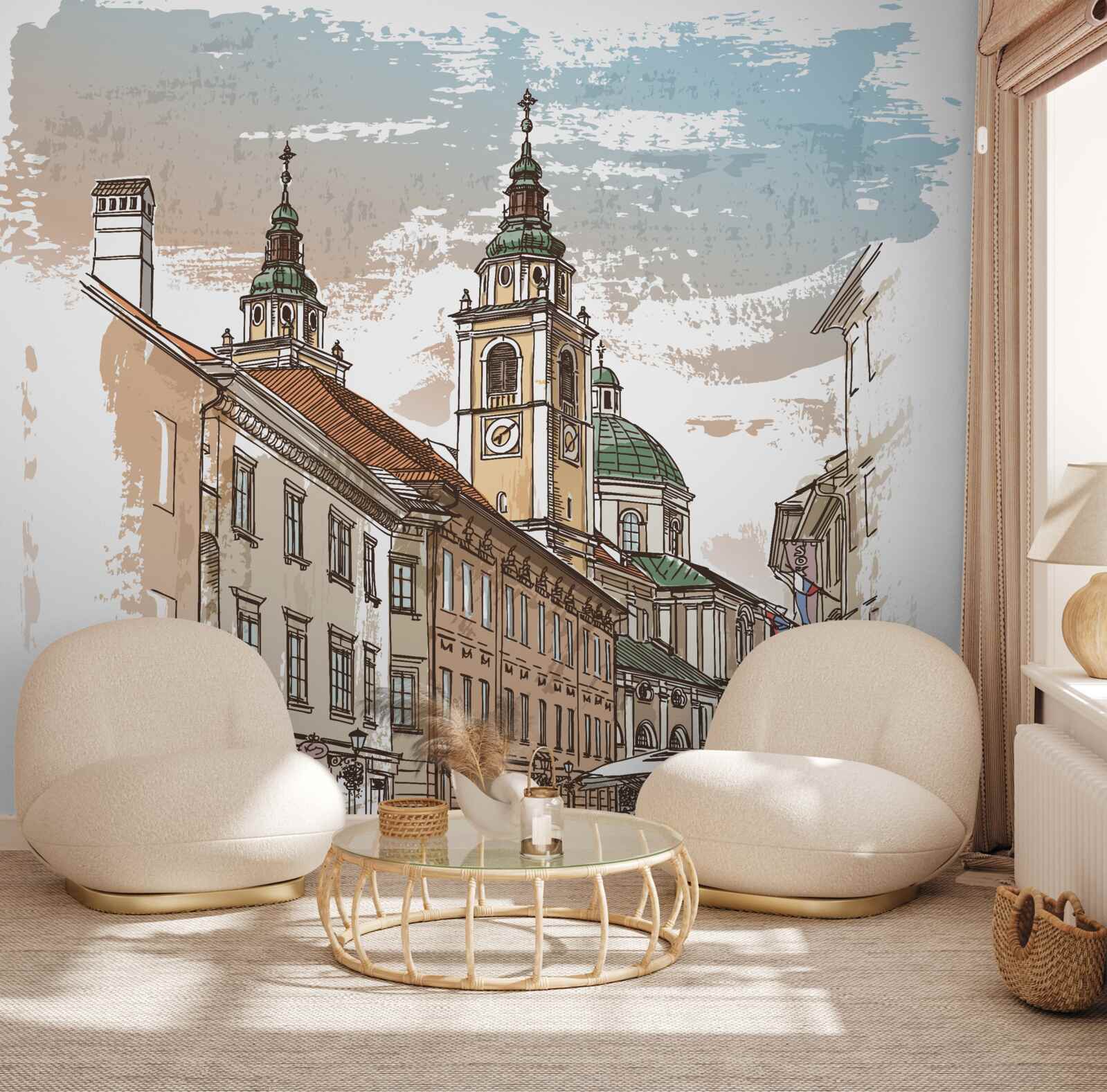 Papier peint ville antique représentée au crayon