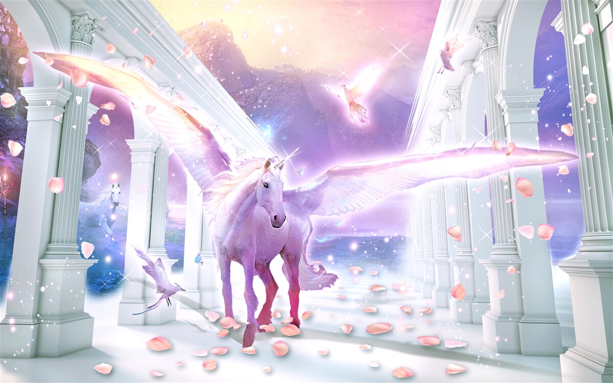 Papier peint une licorne magique flottant dans le ciel