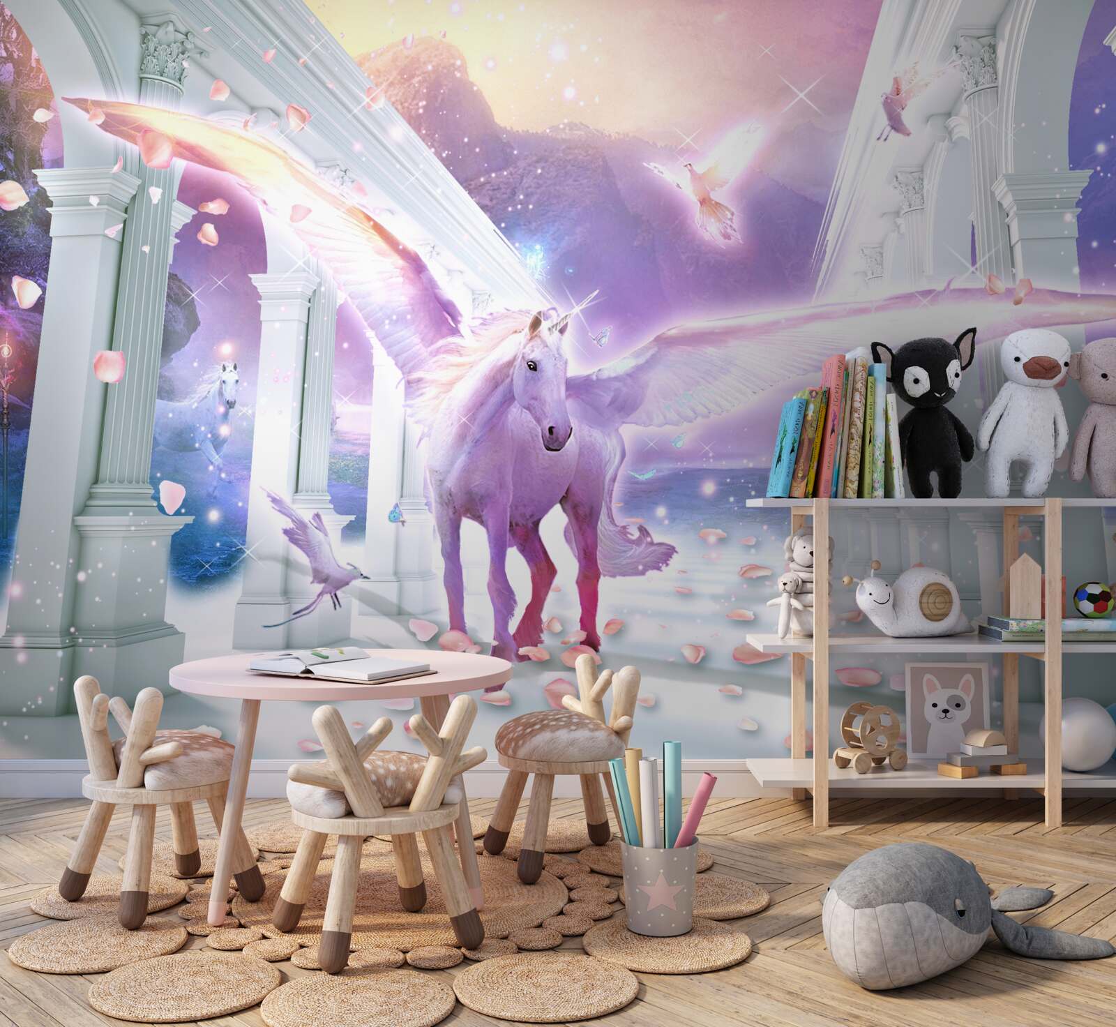 Papier peint une licorne magique flottant dans le ciel