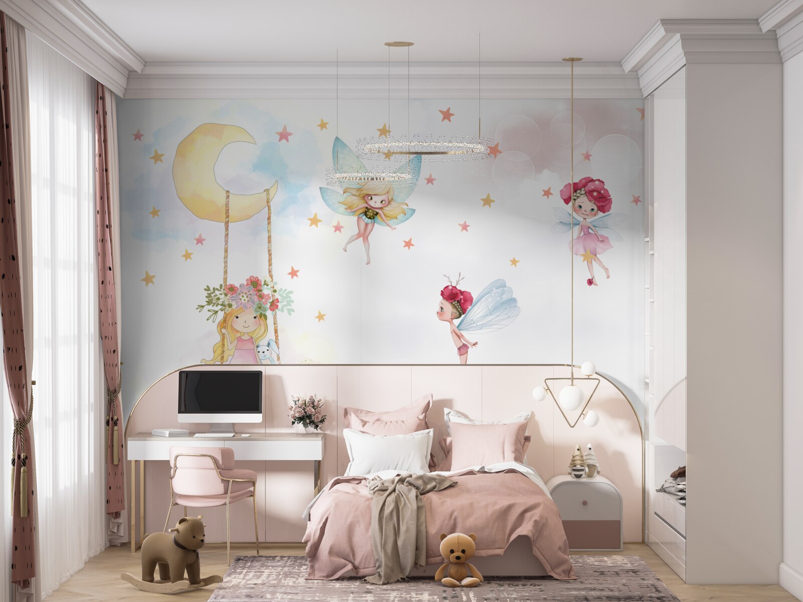 Papier peint enfant sur une balançoire et créatures magiques