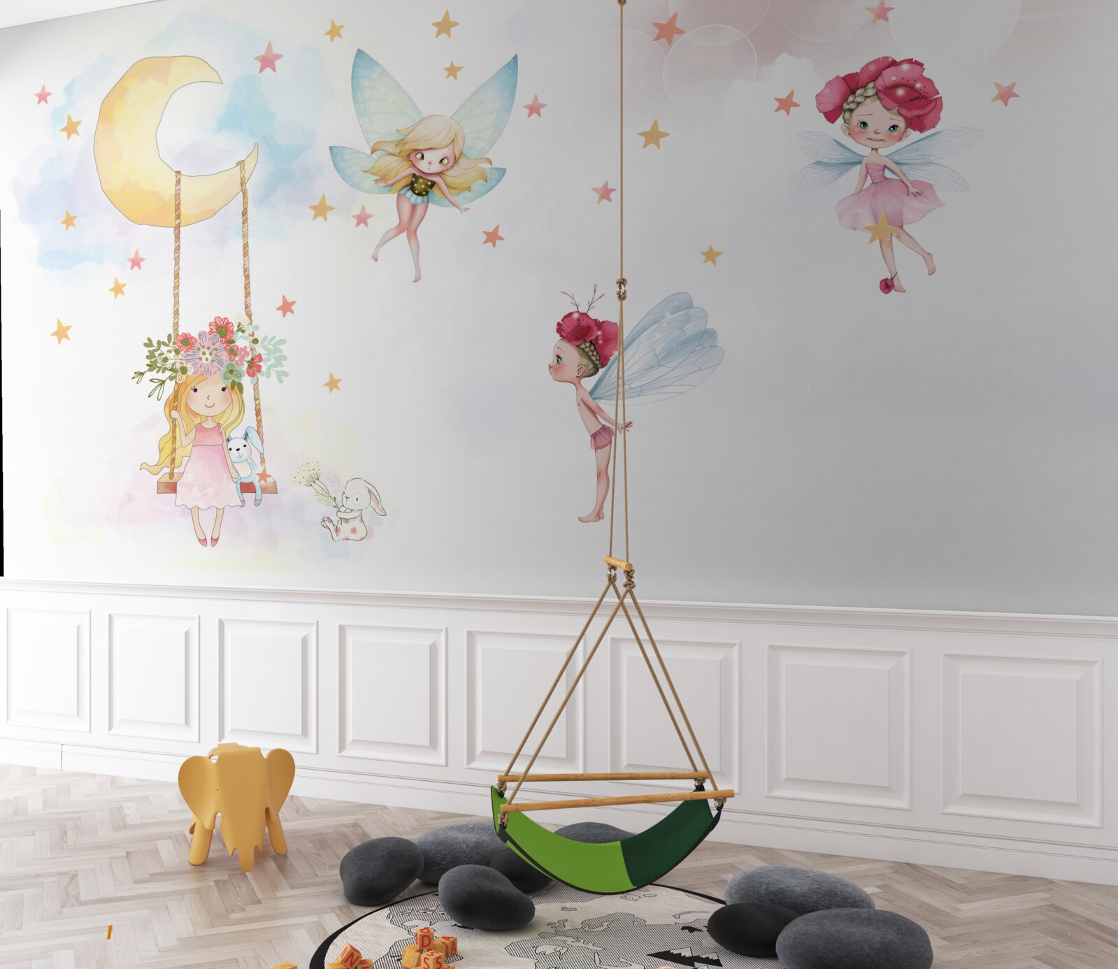 Papier peint enfant sur une balançoire et créatures magiques