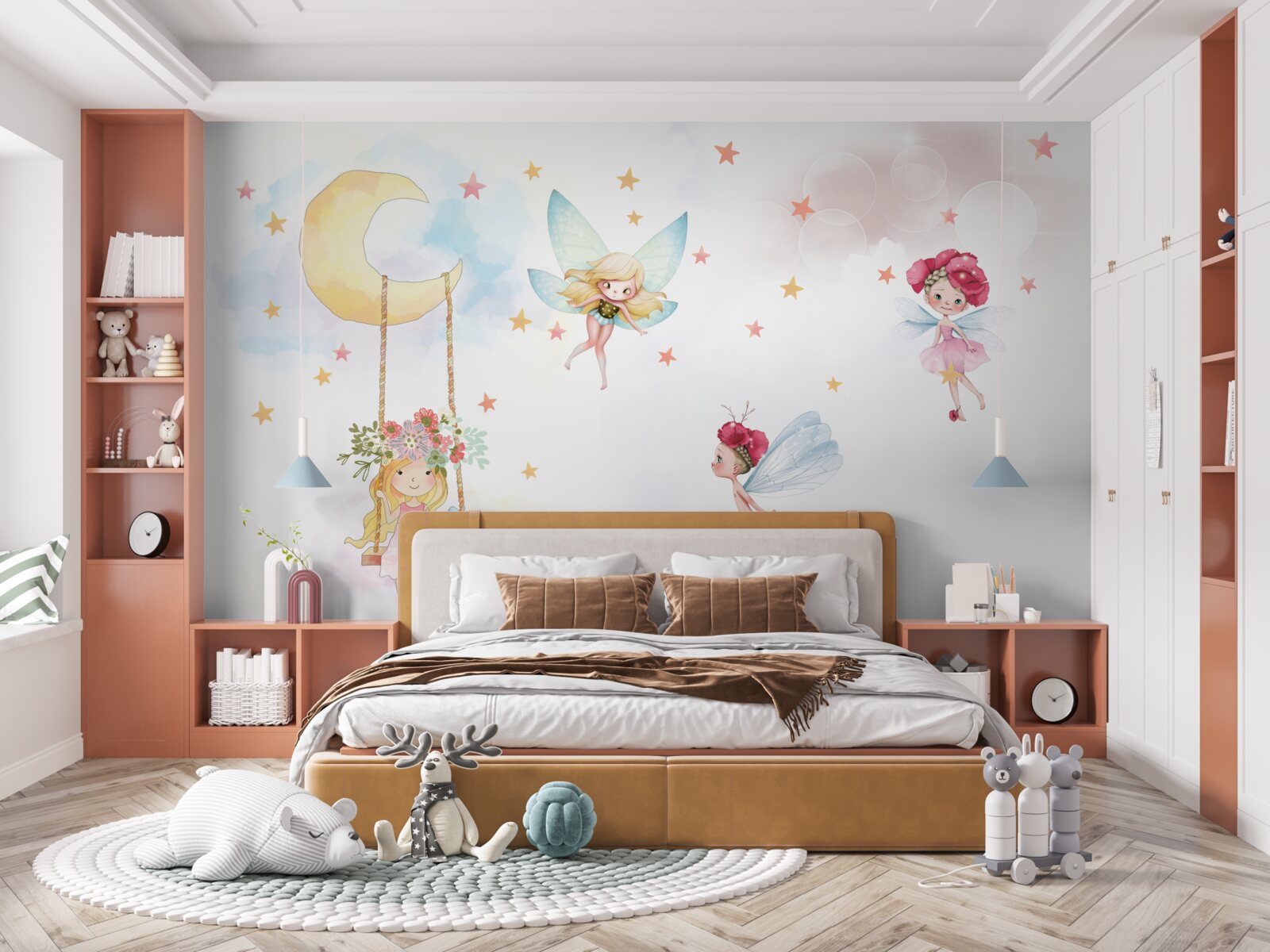 Papier peint enfant sur une balançoire et créatures magiques