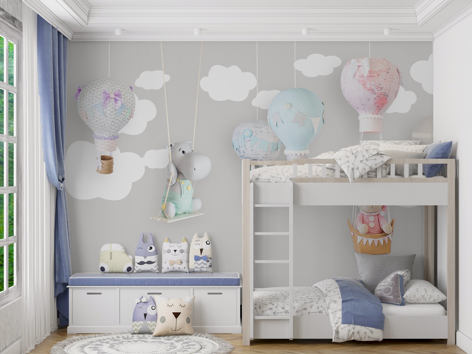 Papier peint ourson et bébé hippopotame dans le ciel