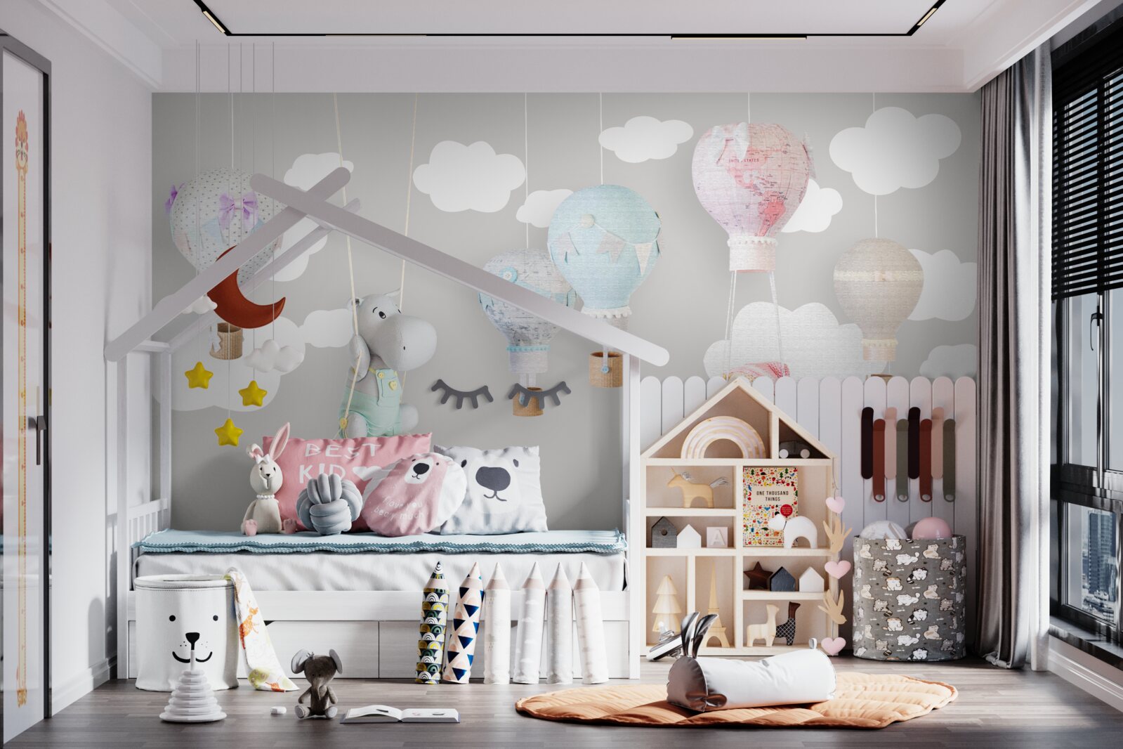 Papier peint ourson et bébé hippopotame dans le ciel