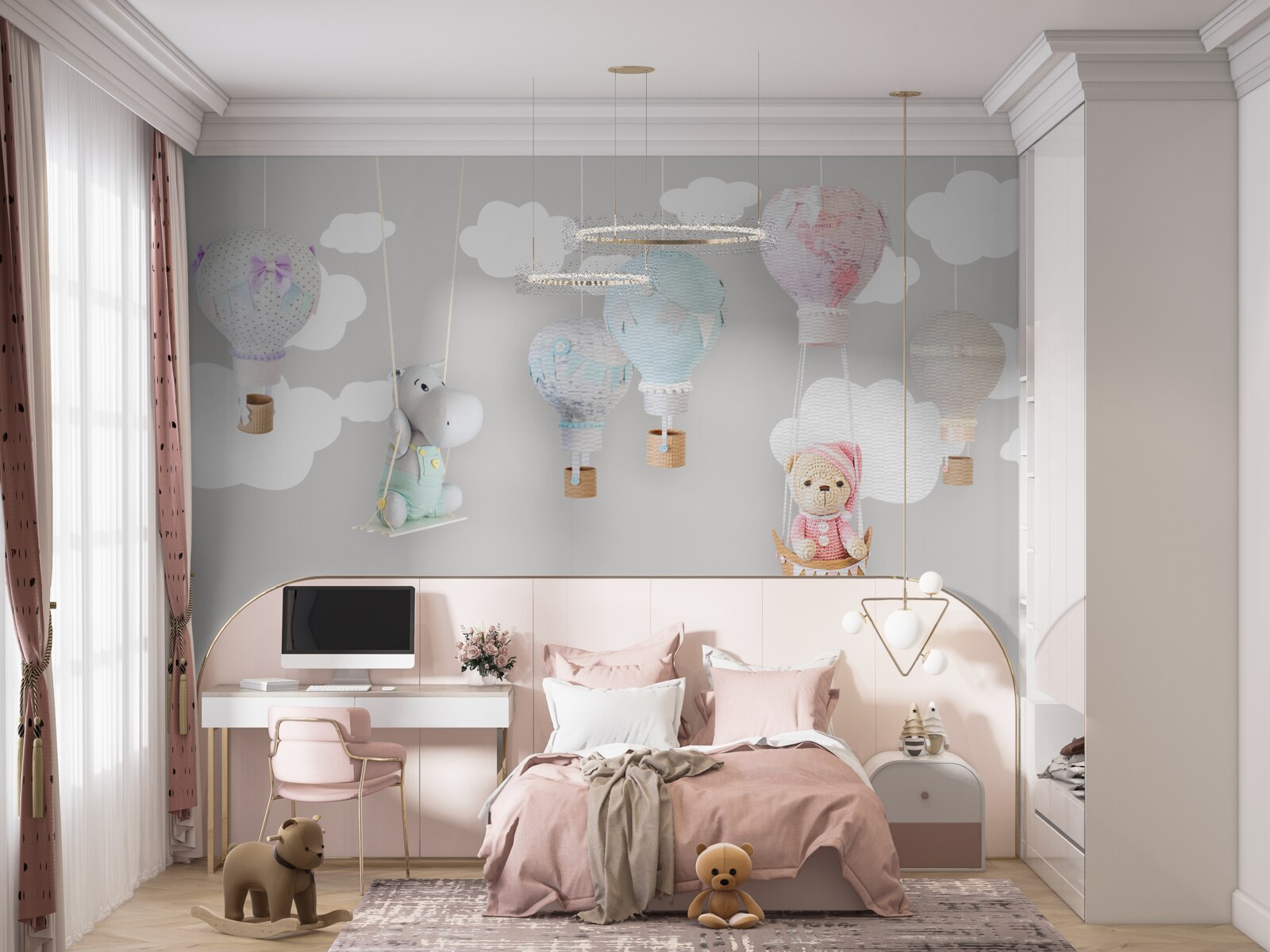 Papier peint ourson et bébé hippopotame dans le ciel