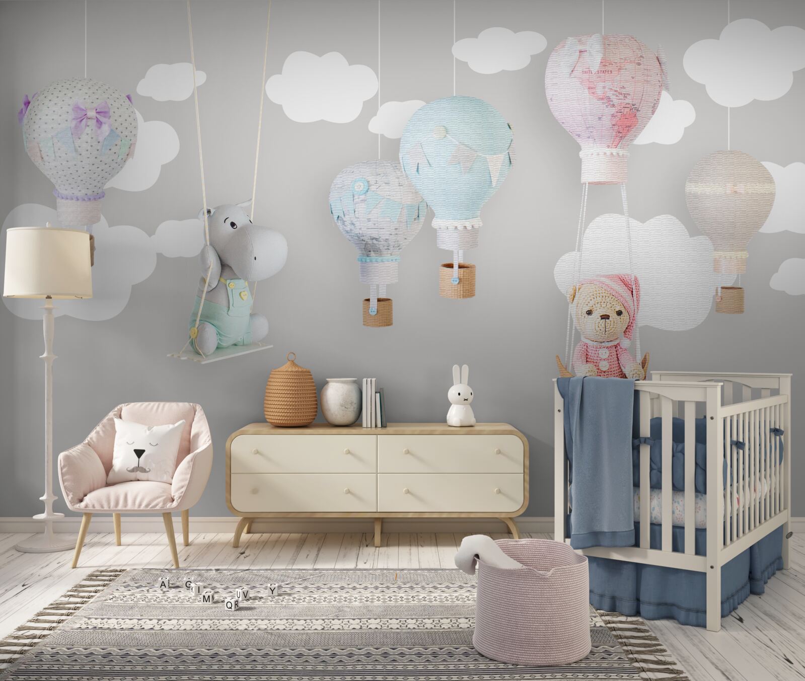 Papier peint ourson et bébé hippopotame dans le ciel