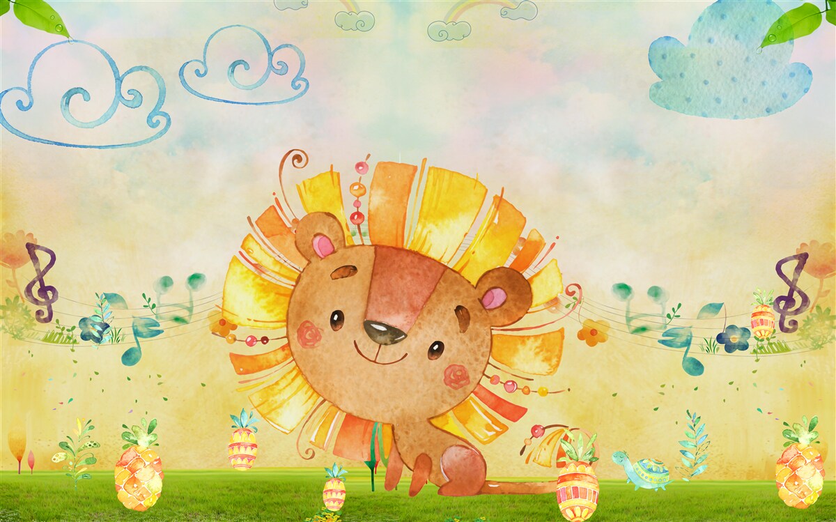 Papier peint une jeune lionne sourit joyeusement dans un pré