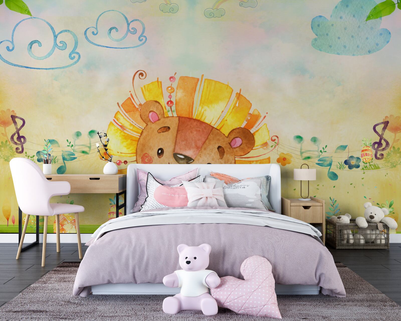 Papier peint une jeune lionne sourit joyeusement dans un pré