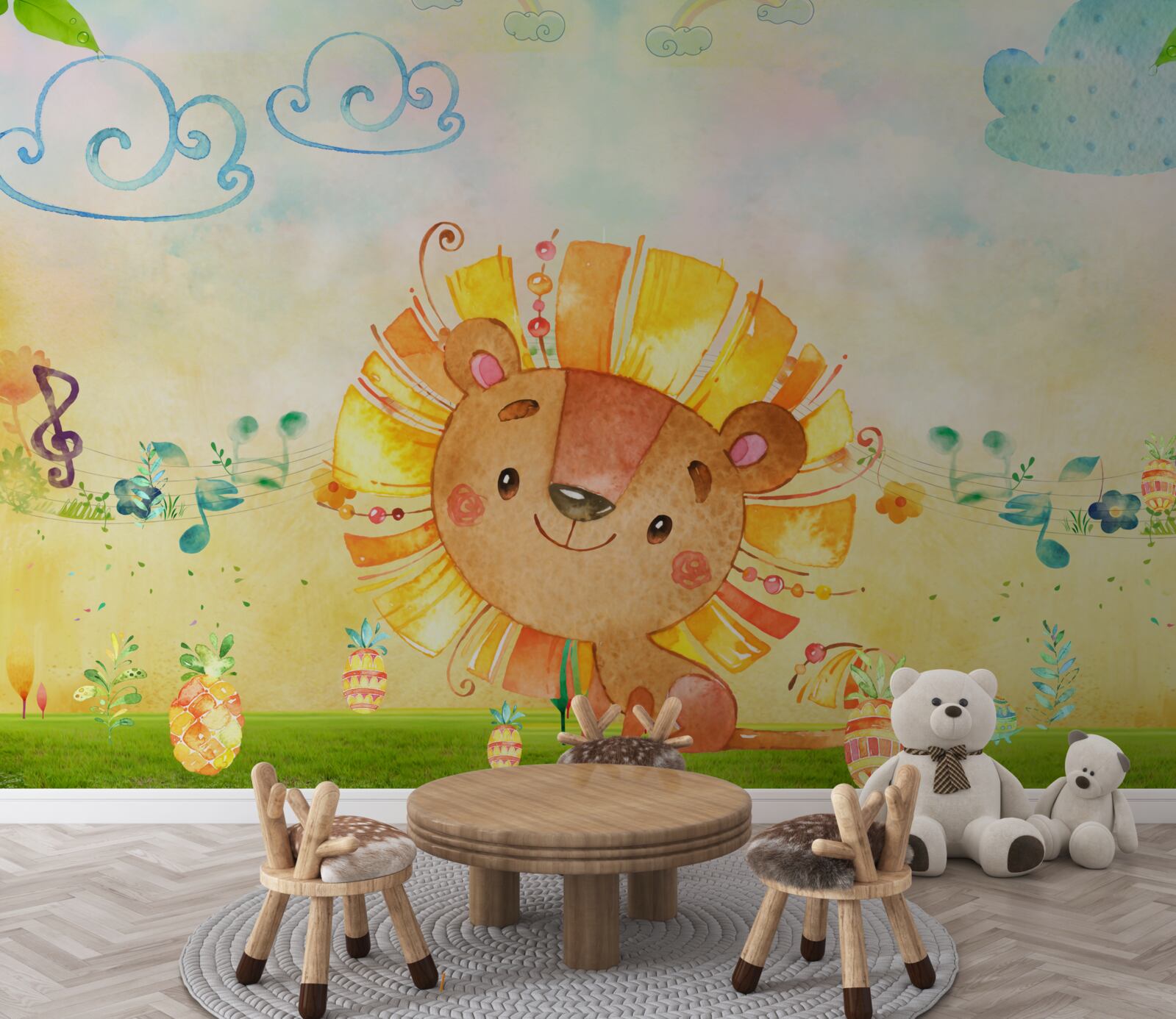 Papier peint une jeune lionne sourit joyeusement dans un pré