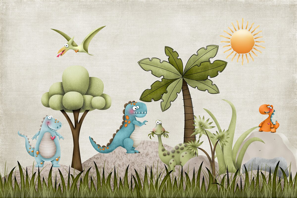Papier peint petits dinosaures de dessins animés dans des buissons verts