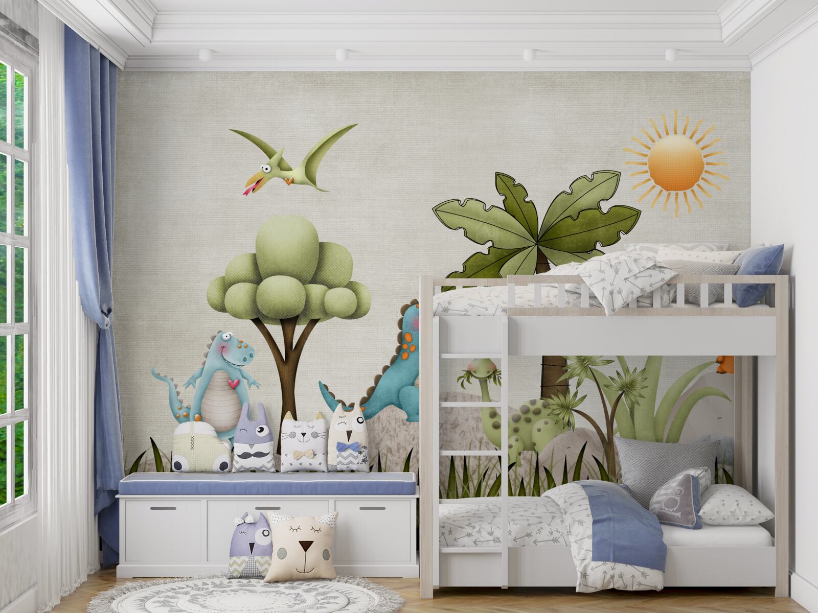 Papier peint petits dinosaures de dessins animés dans des buissons verts