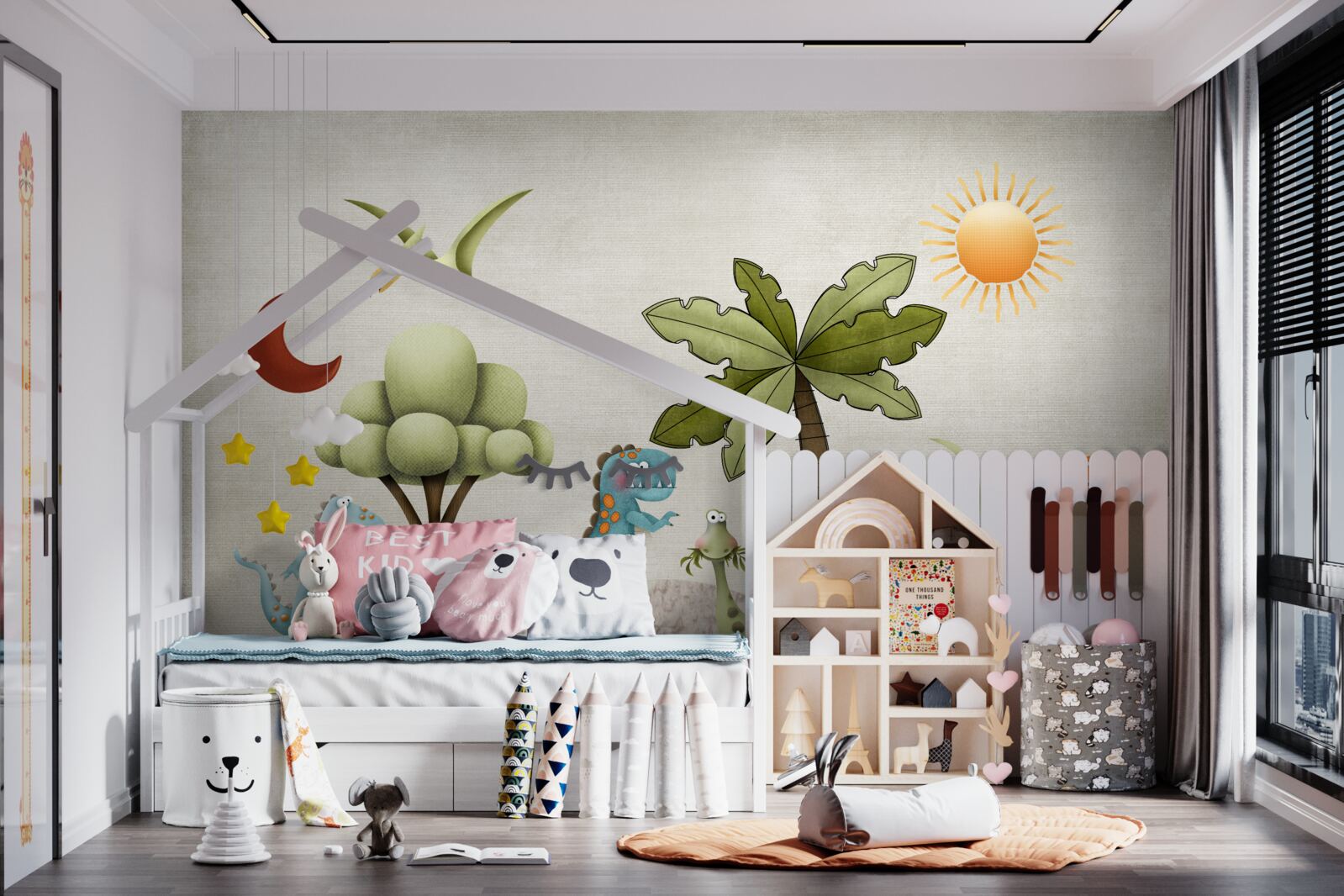 Papier peint petits dinosaures de dessins animés dans des buissons verts