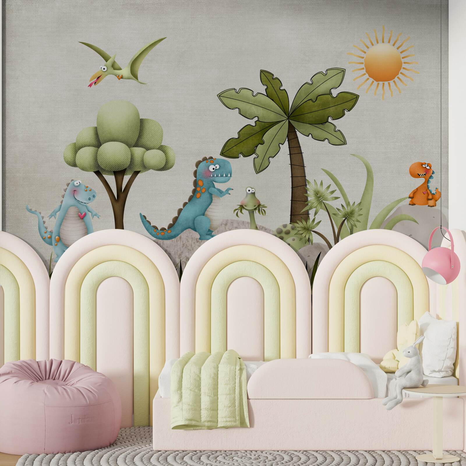 Papier peint petits dinosaures de dessins animés dans des buissons verts