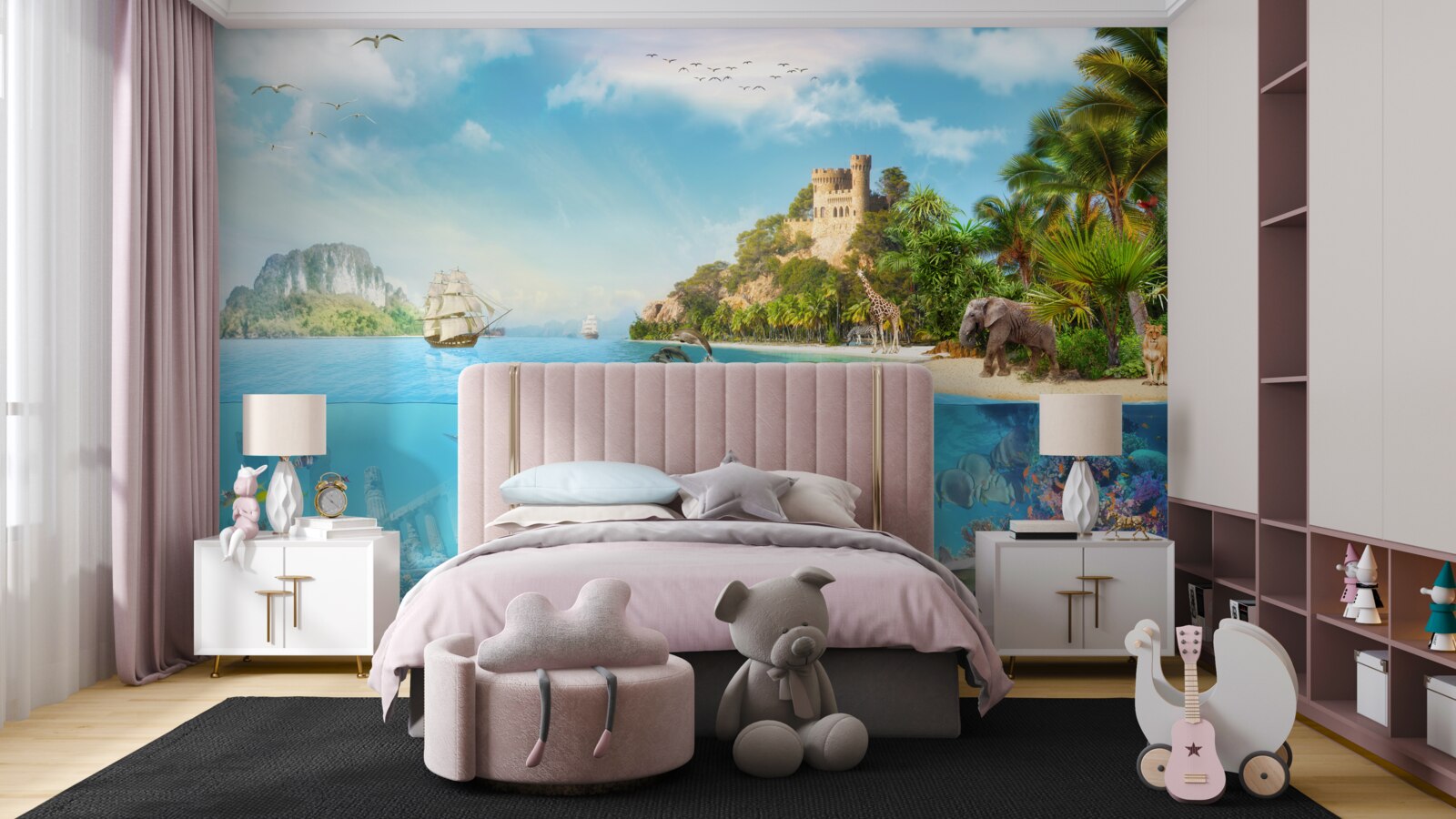 Papier peint une île enchantée peuplée de divers animaux