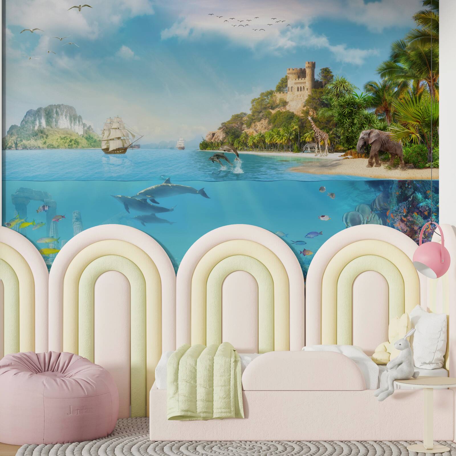 Papier peint une île enchantée peuplée de divers animaux