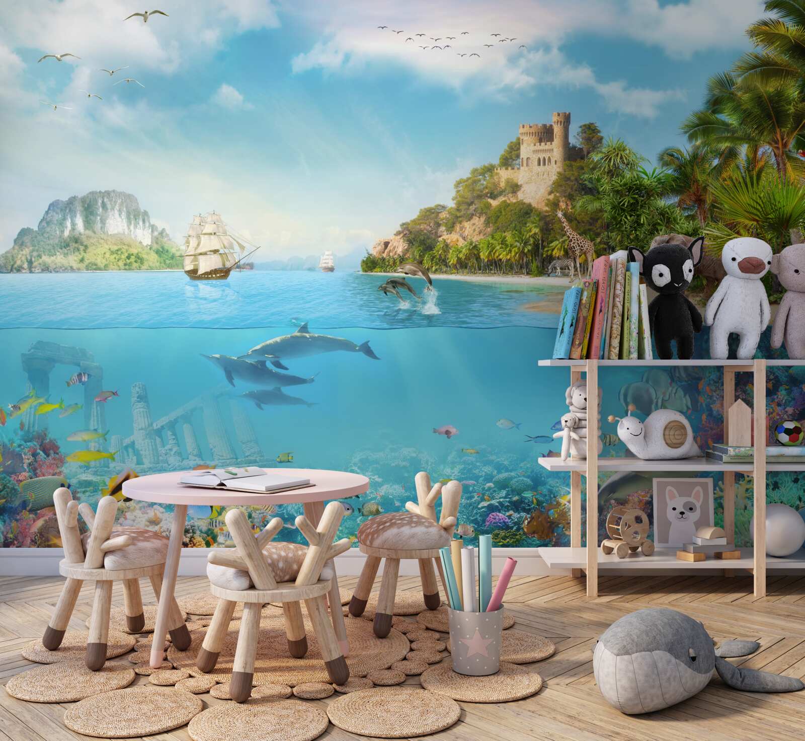 Papier peint une île enchantée peuplée de divers animaux