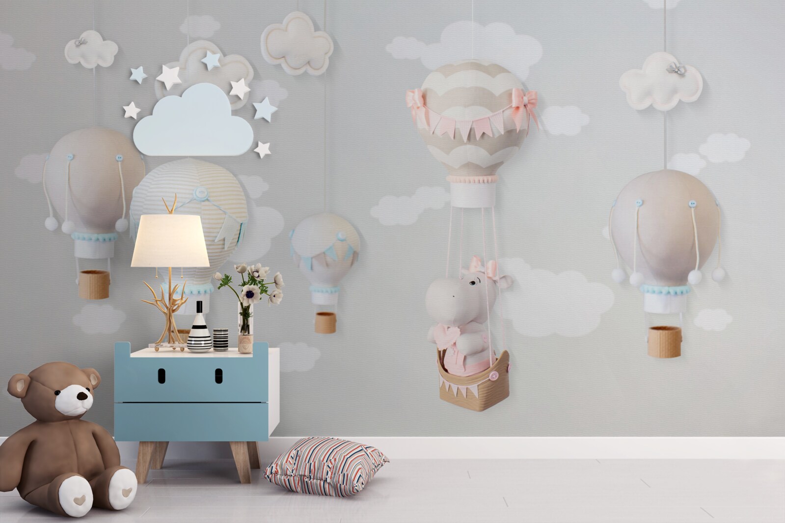 Papier peint petit hippopotame dans une boule volante