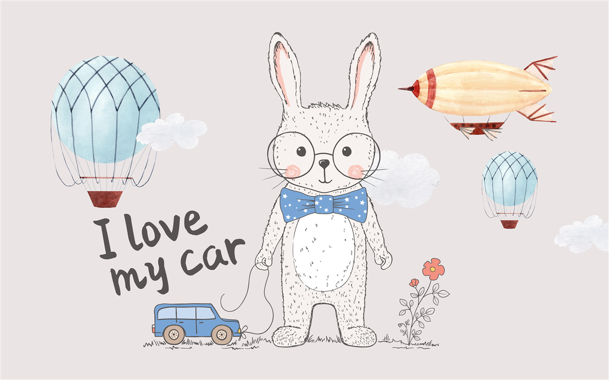 Papier peint lièvre en lunettes sur fond de véhicules