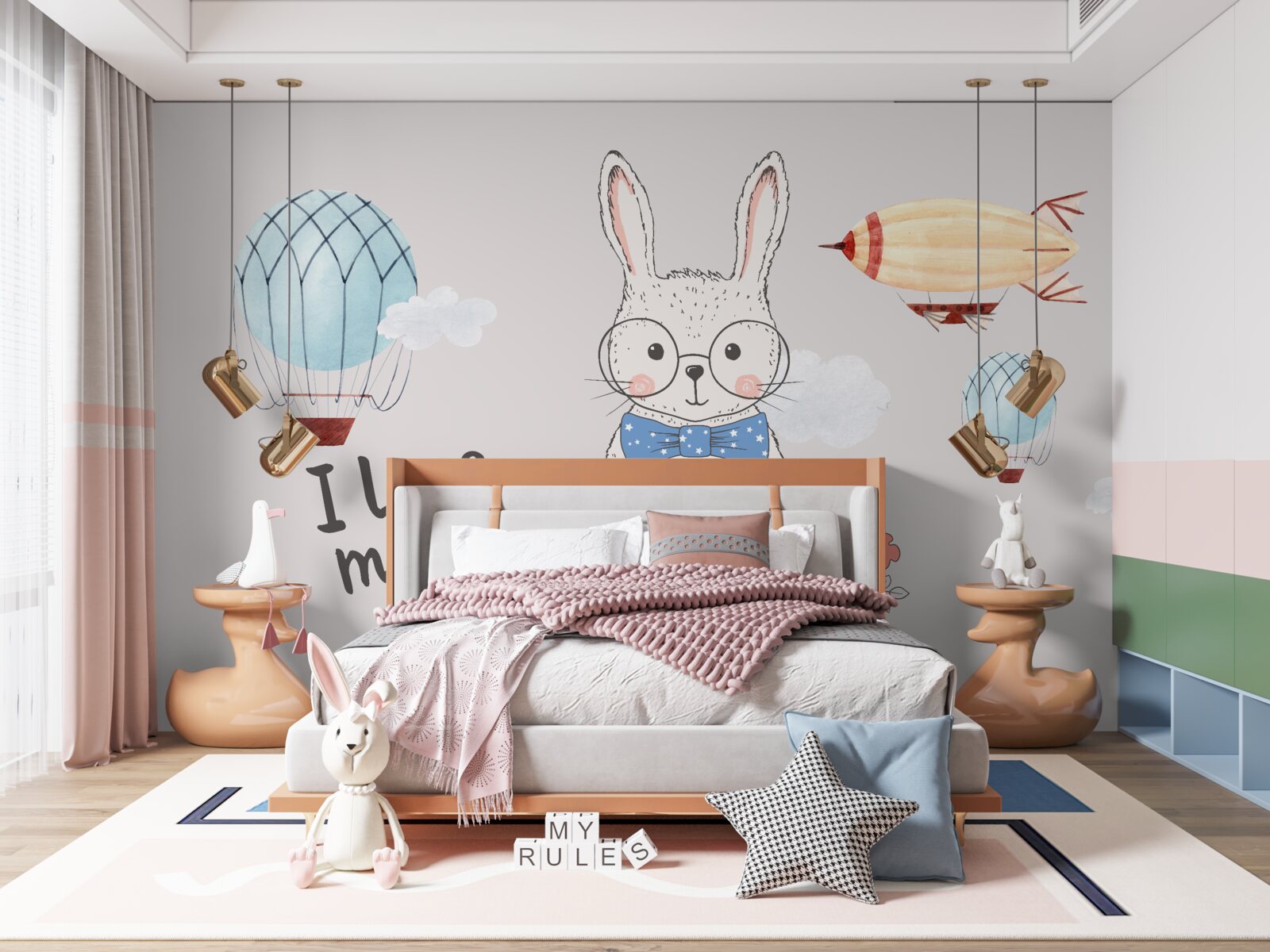 Papier peint lièvre en lunettes sur fond de véhicules