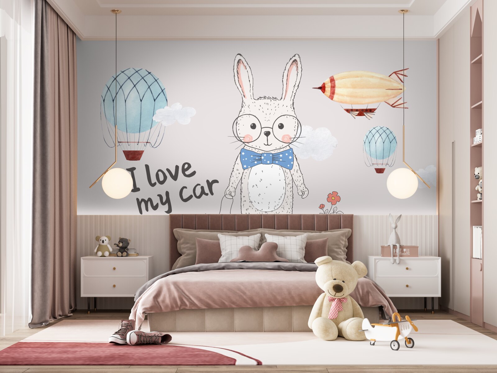 Papier peint lièvre en lunettes sur fond de véhicules