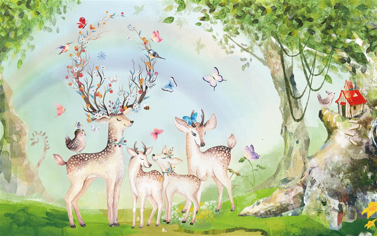 Papier peint une famille de cerfs dans une forêt magique