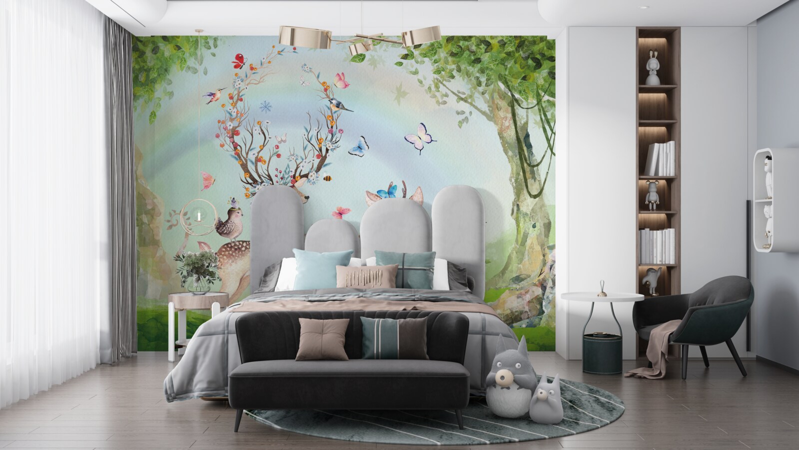 Papier peint une famille de cerfs dans une forêt magique