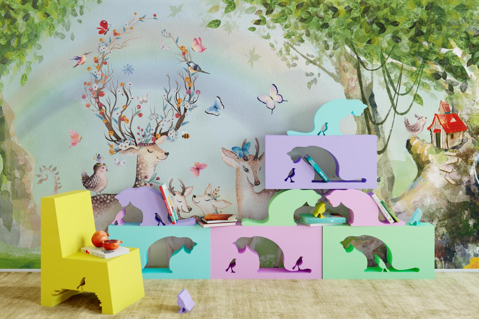 Papier peint une famille de cerfs dans une forêt magique