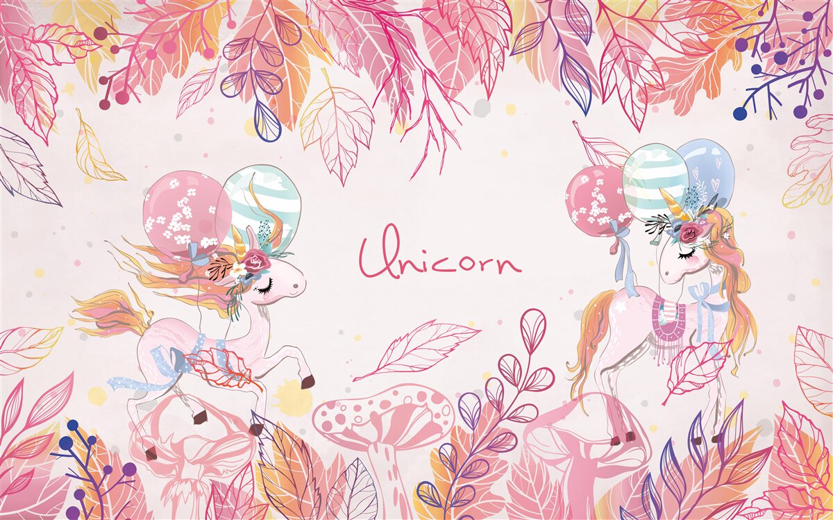 Papier peint licornes roses avec ballons à l'hélium