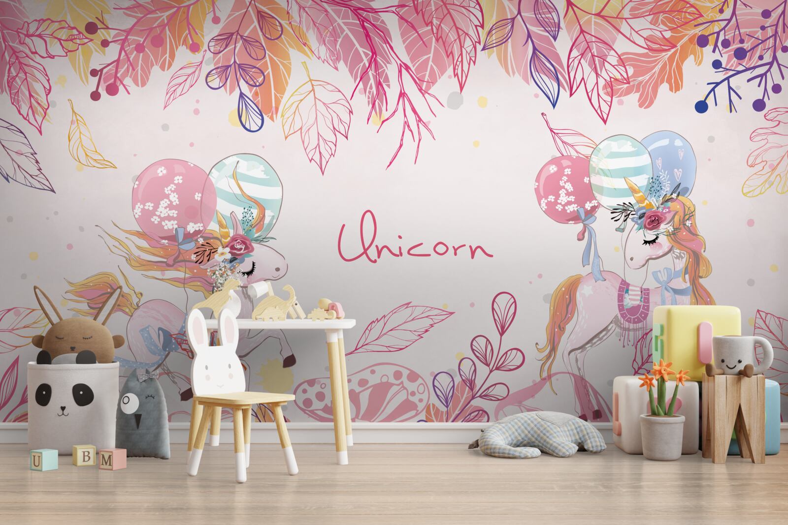 Papier peint licornes roses avec ballons à l'hélium