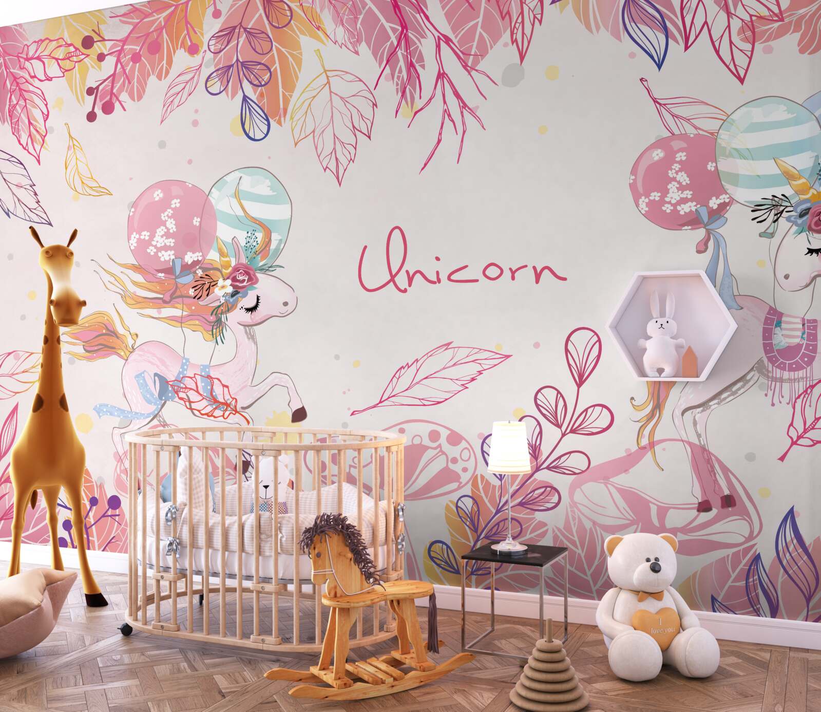 Papier peint licornes roses avec ballons à l'hélium