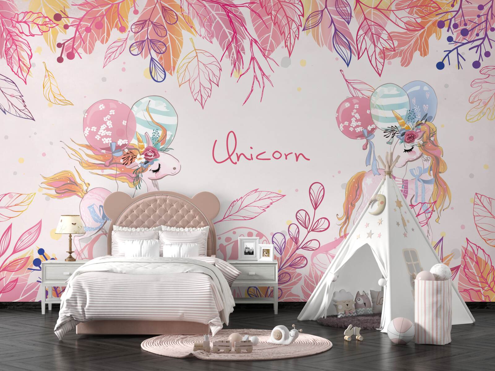 Papier peint licornes roses avec ballons à l'hélium