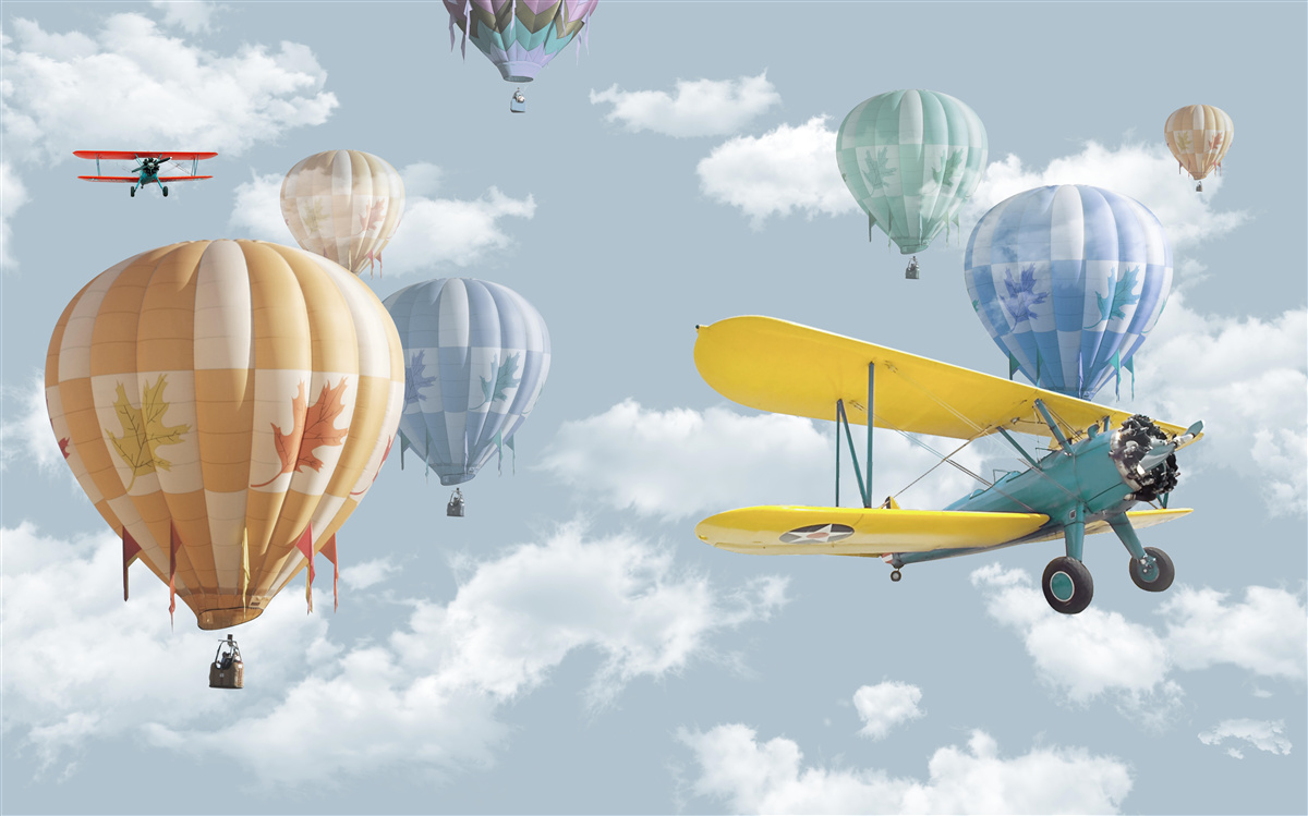 Papier peint ballons et avions dans les airs