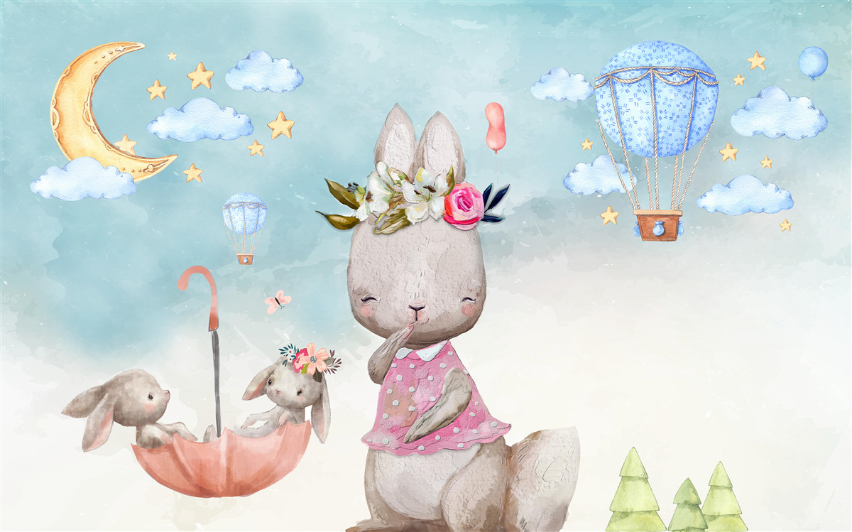Papier peint lièvre avec enfants dans un parapluie