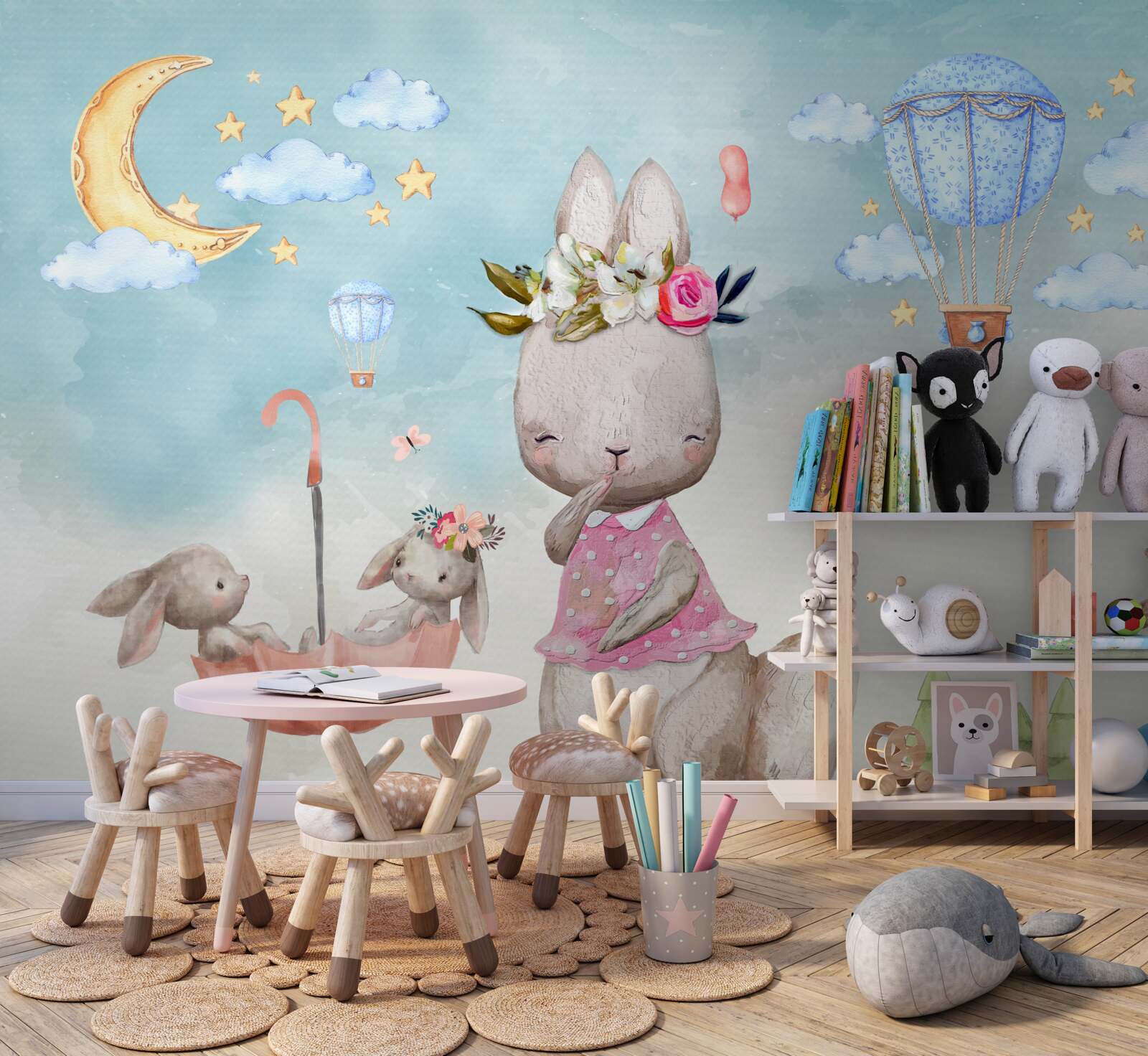 Papier peint lièvre avec enfants dans un parapluie