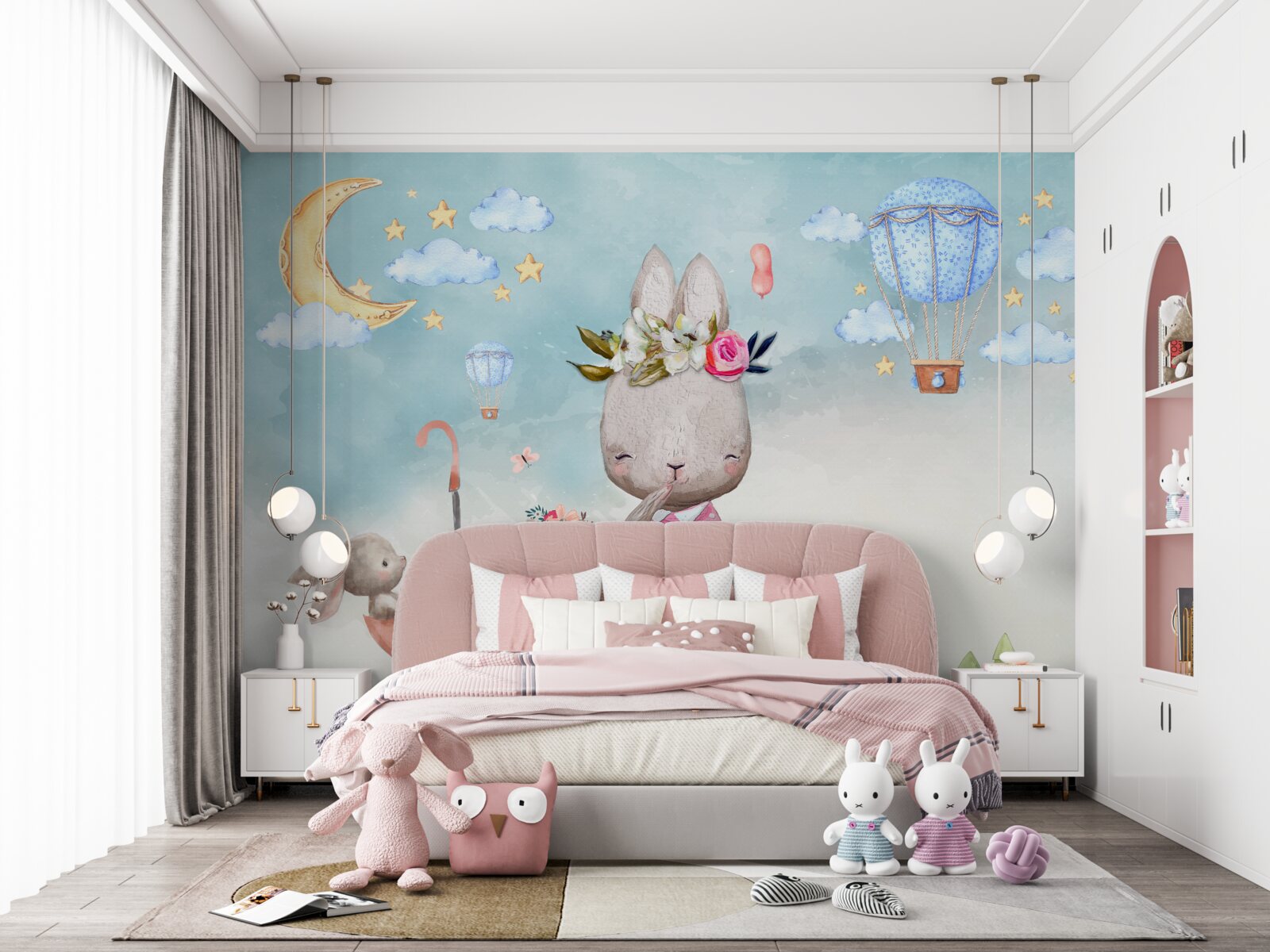 Papier peint lièvre avec enfants dans un parapluie