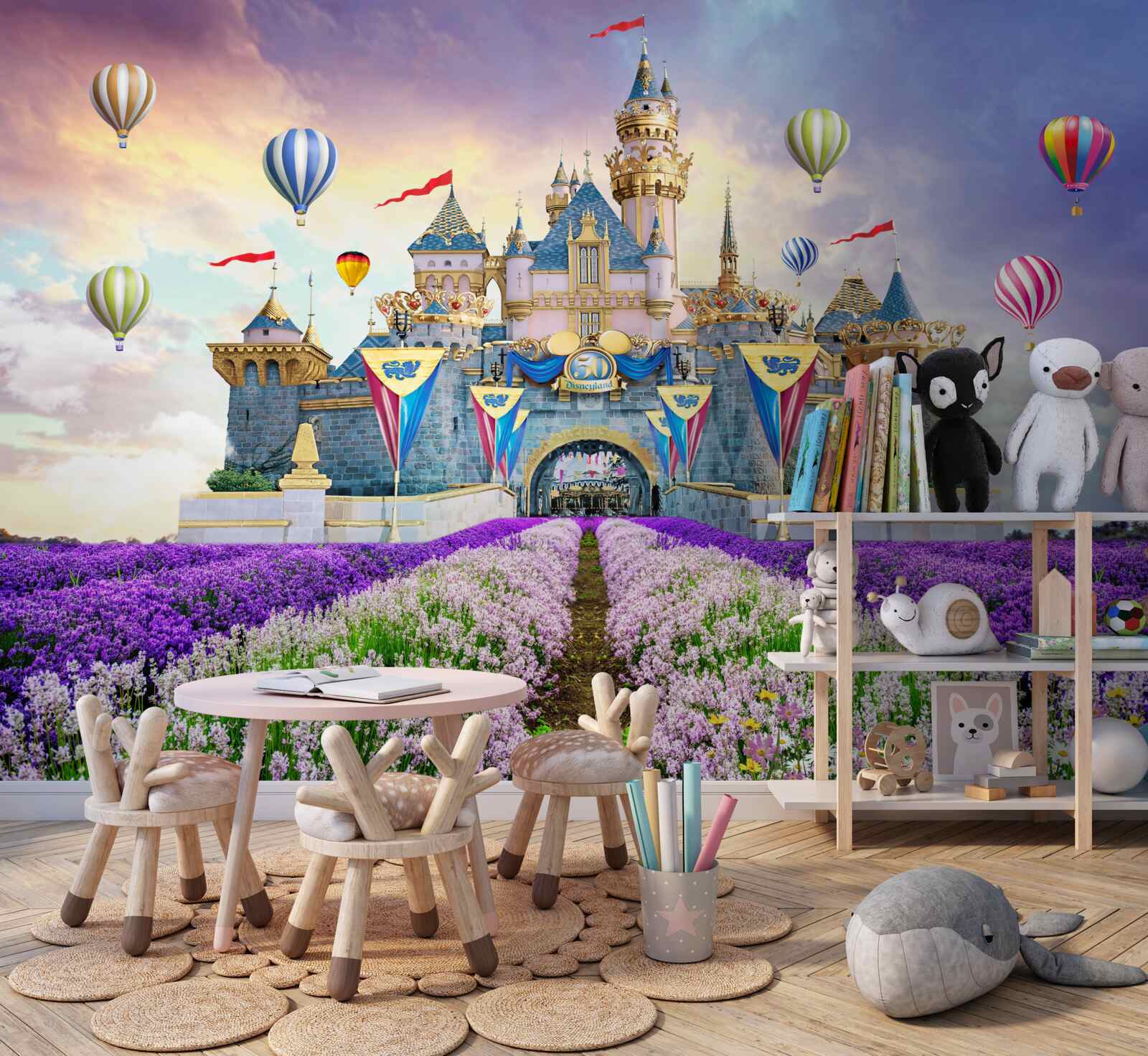 Papier peint champs de lavande avec en toile de fond un château magique