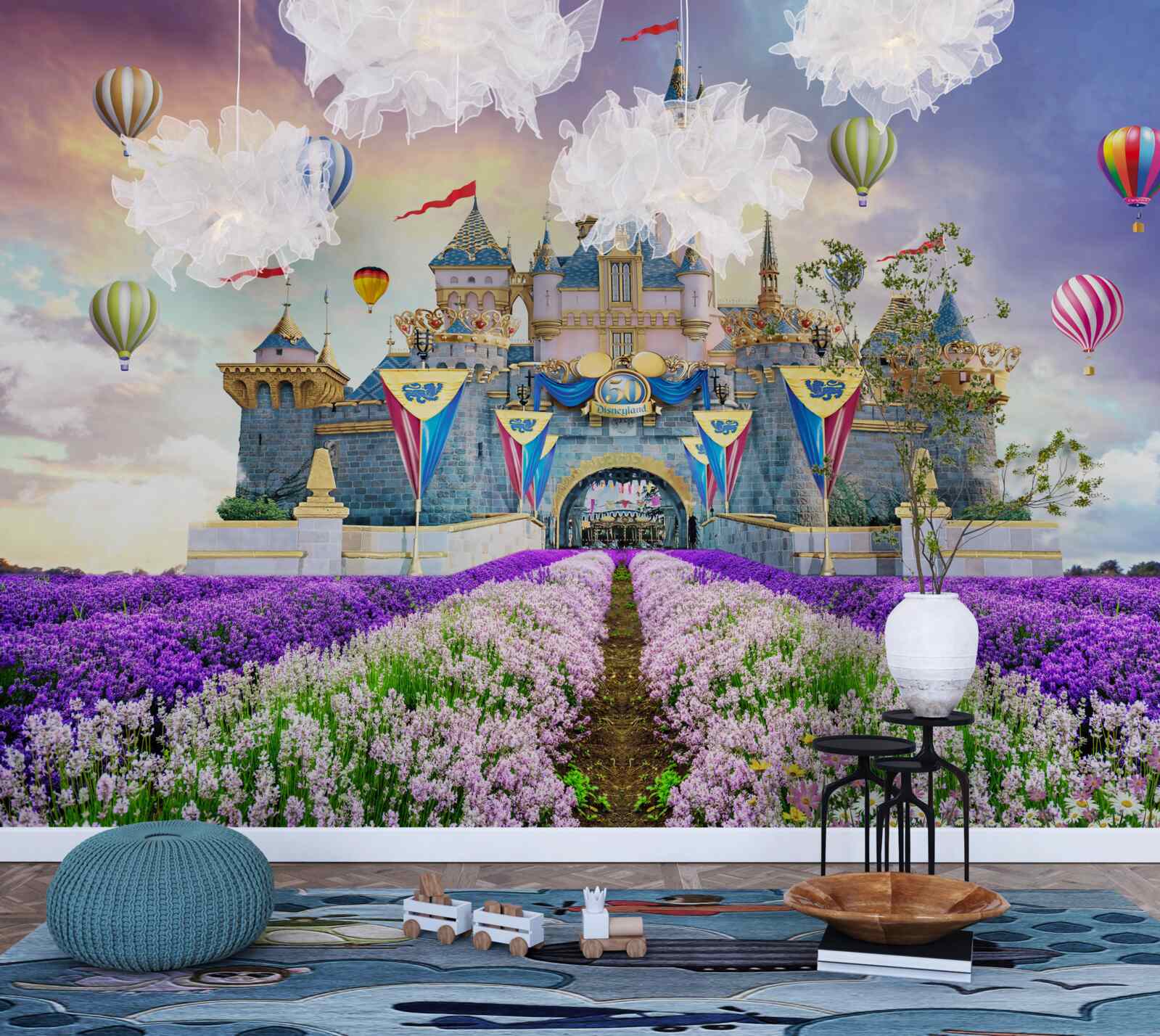 Papier peint champs de lavande avec en toile de fond un château magique