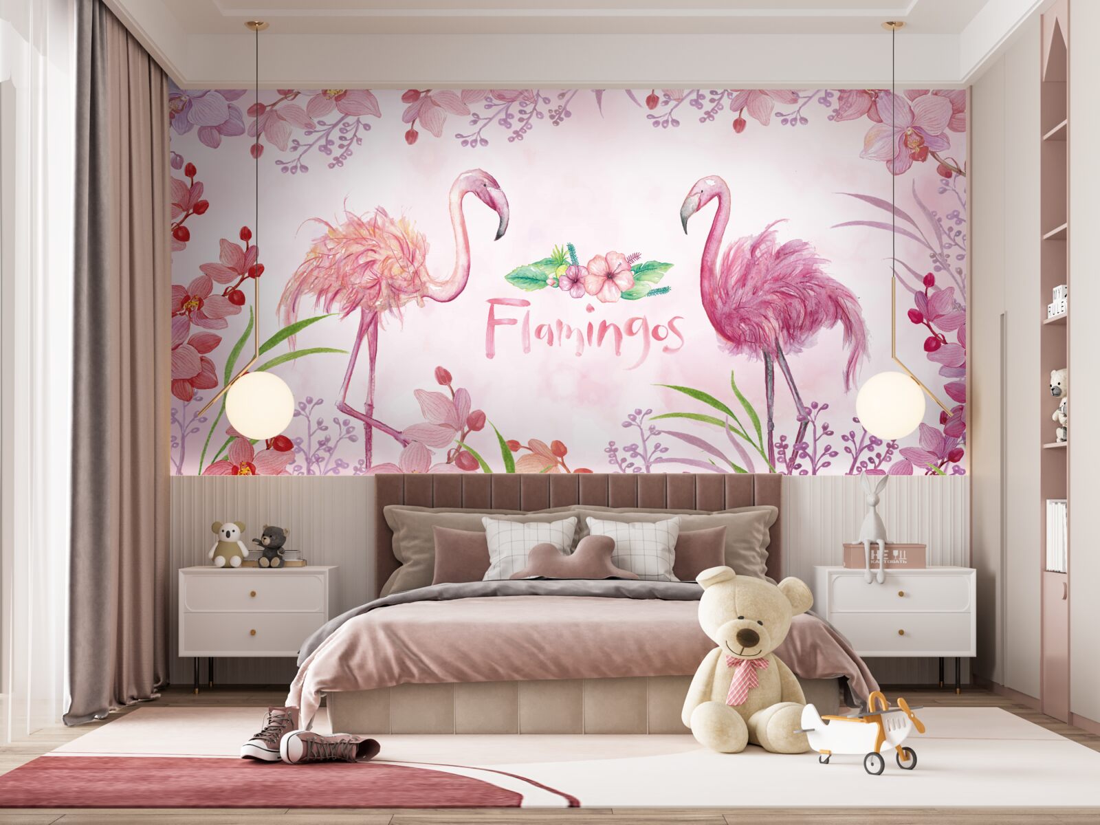 Papier peint flamant rose parmi les bourgeons roses