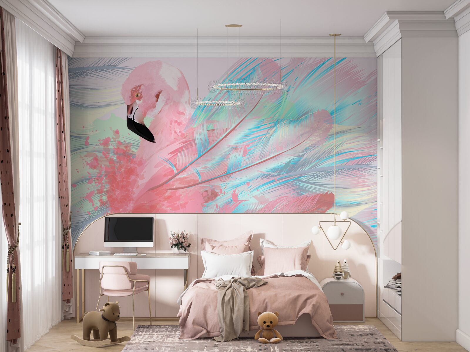 Papier peint un flamant rose formé à partir des plumes