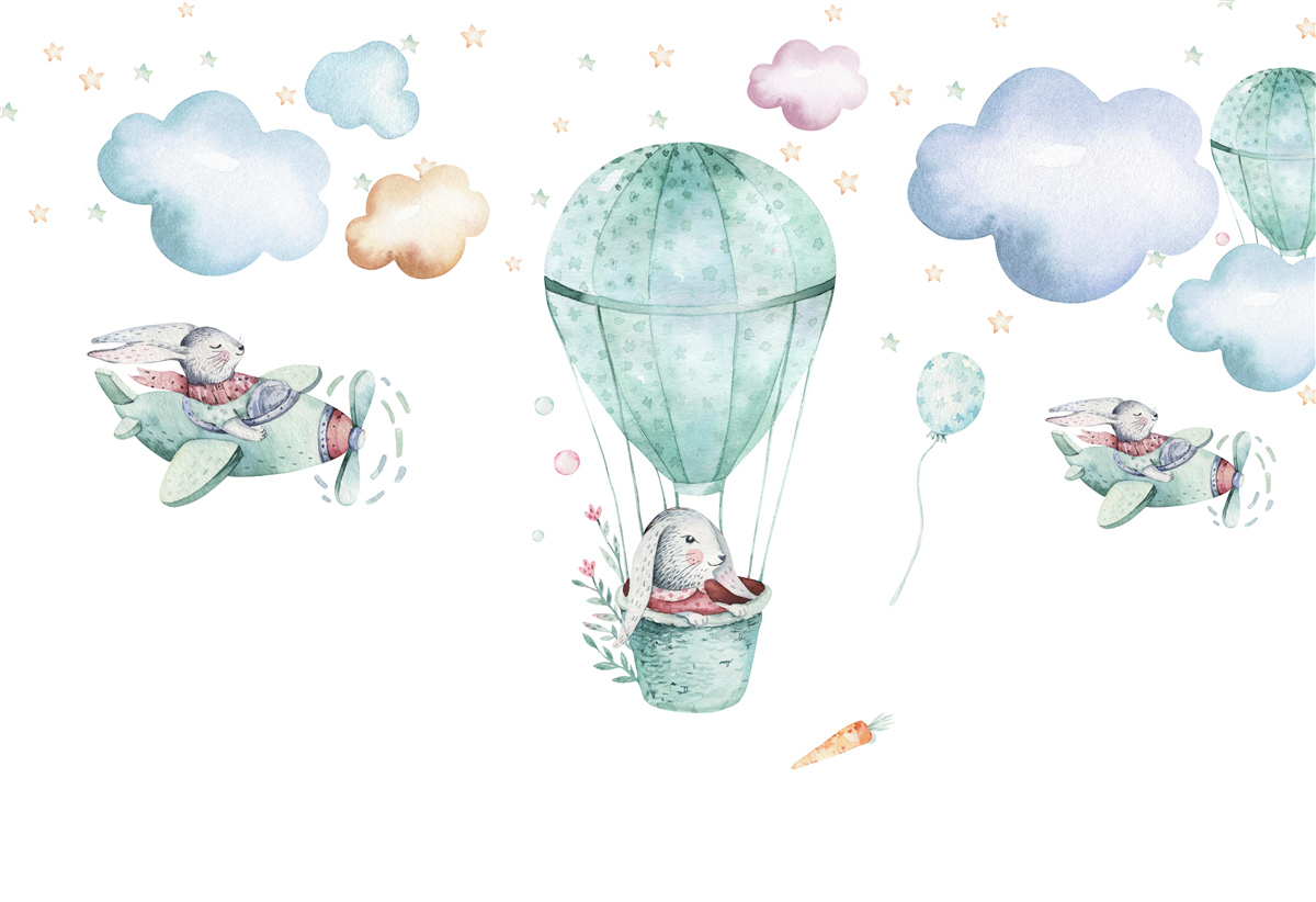 Papier peint ballons et avions avec lièvres